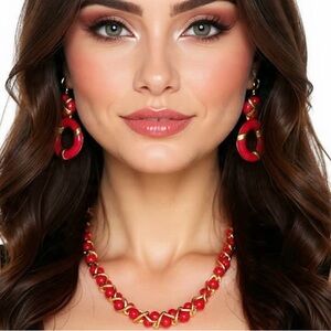 Vintage Lady Remington Red Beaded & Enamel Jewelry Set Necklace & Hoop Earrings